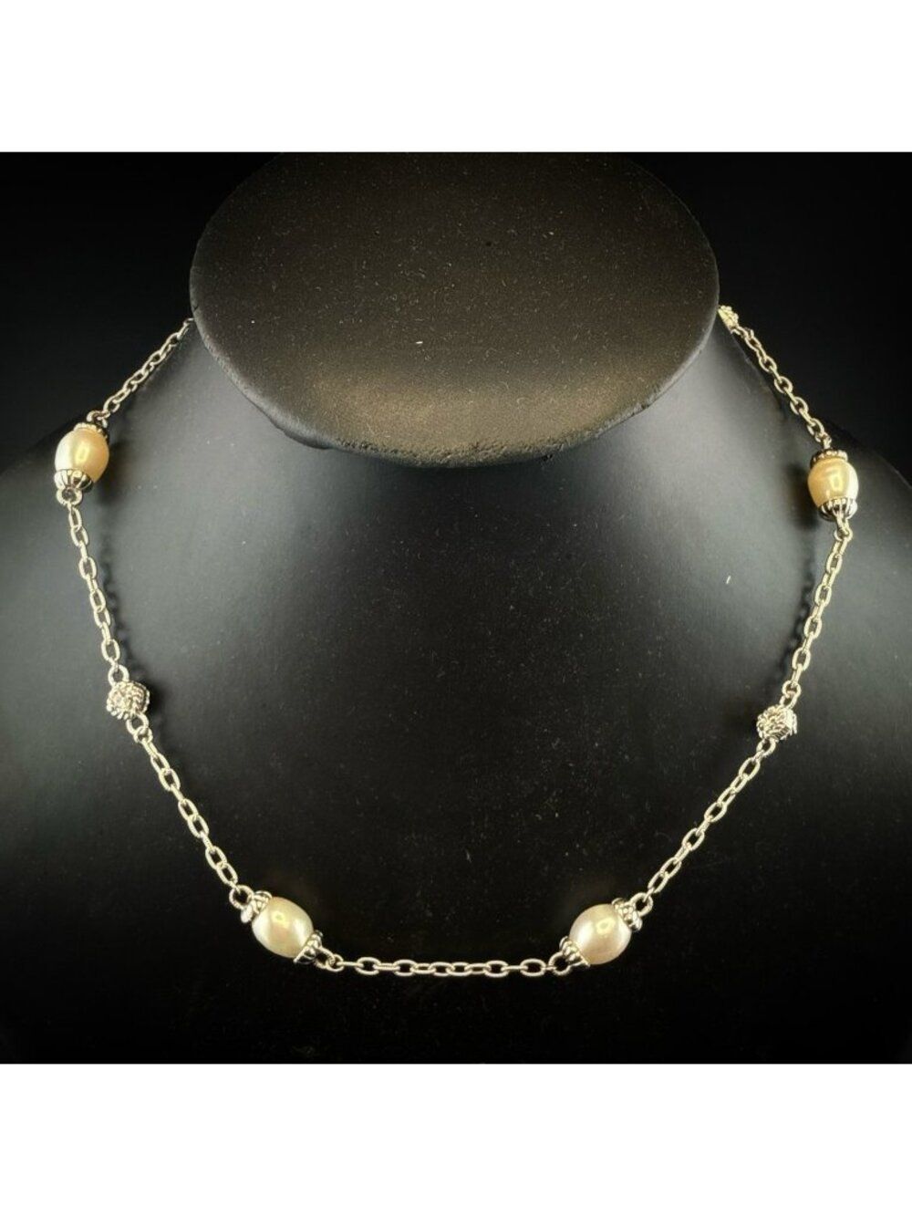 Judith Ripka Necklace Pearl Station Sterling Silver 925 CZ Chain Link 18"
